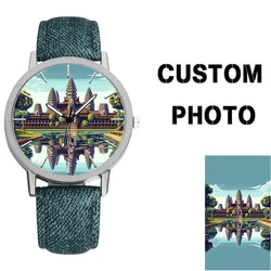 Custom Printing Picture Quartz Watch Denim Leather Strap Background Photo Printed Own Rendering Design Watch Jewelry Gift
