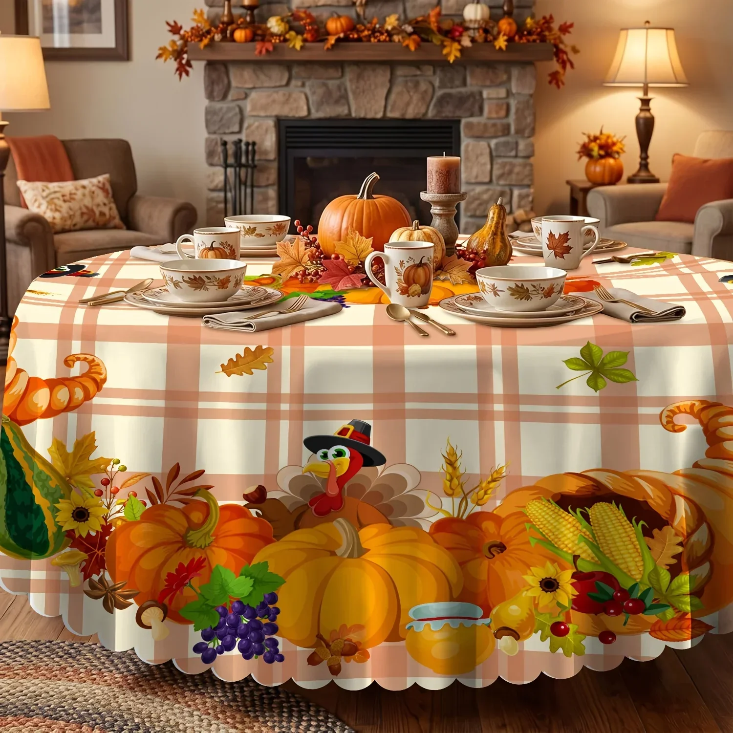 Thanksgiving turkey pumpkin tablecloth, with cartoon farmhouse style, autumn Thanksgiving harvest dinnerwarexzj