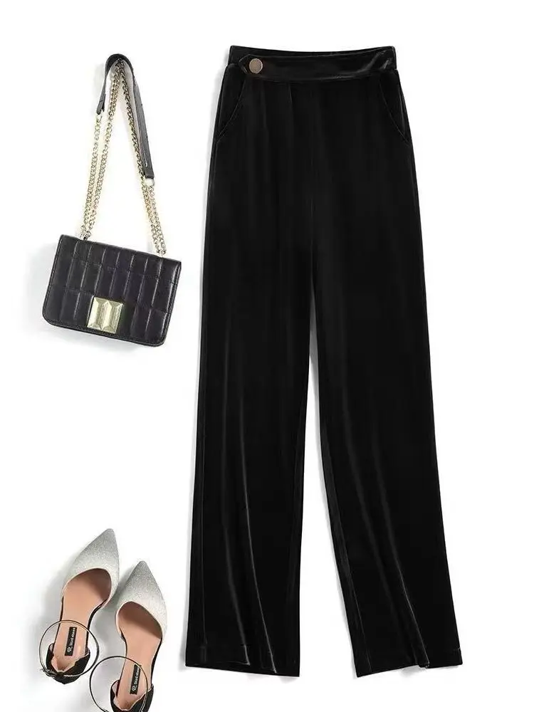 

Женские бархатные брюки Slim Fit с высокой талией, свободного кроя, прямые, для повседневной носки, весенняя мода, большие размеры, визуально стройнящие, для офиса