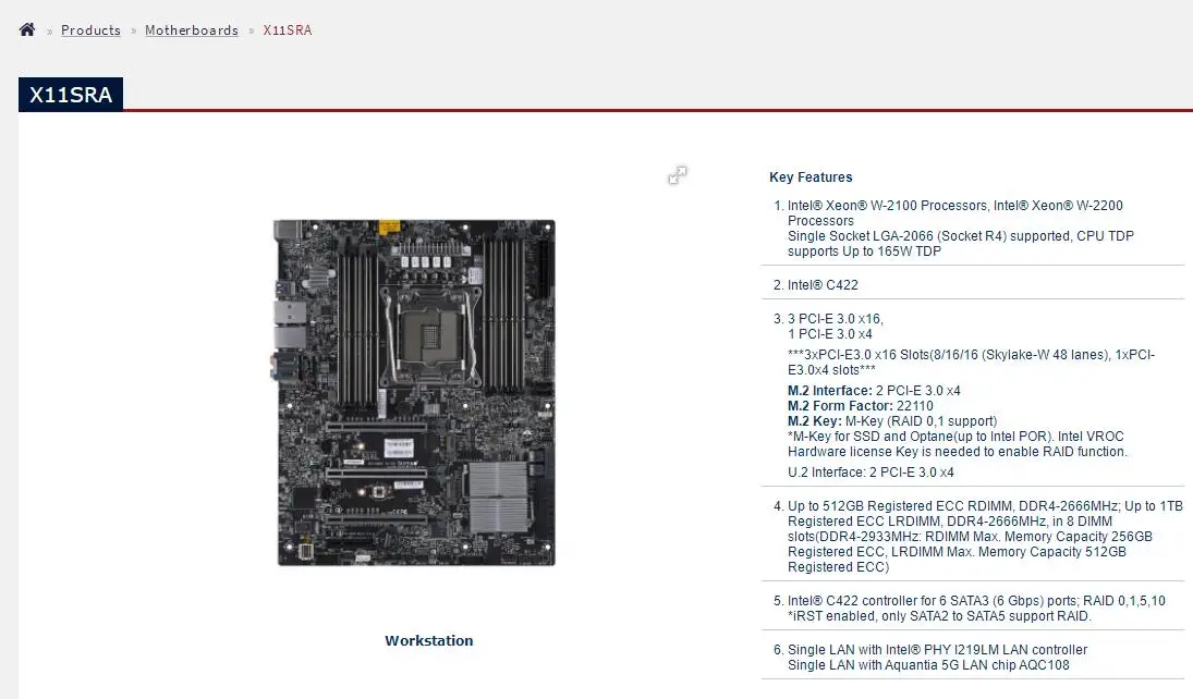 X11SRA for Supermicro Motherboard Xeon W-2100 W-2200 Processors LGA-2066 DDR4 LAN With PHY I219LM / AQC108