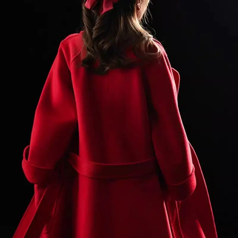 여성용 레드 울 캐머 코트, 봄 결혼식 축하복, 신부의 집에 오는 길, 캐주얼, 고급스러운 느낌, 물결무늬...