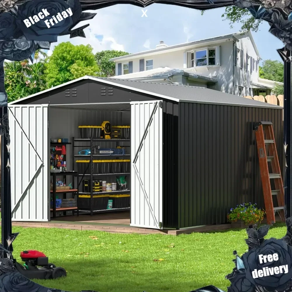 10x10 FT Outdoor Storage Shed, Garden Shed with Updated Frame Structure and Lockable Doors, Metal Tool Sheds