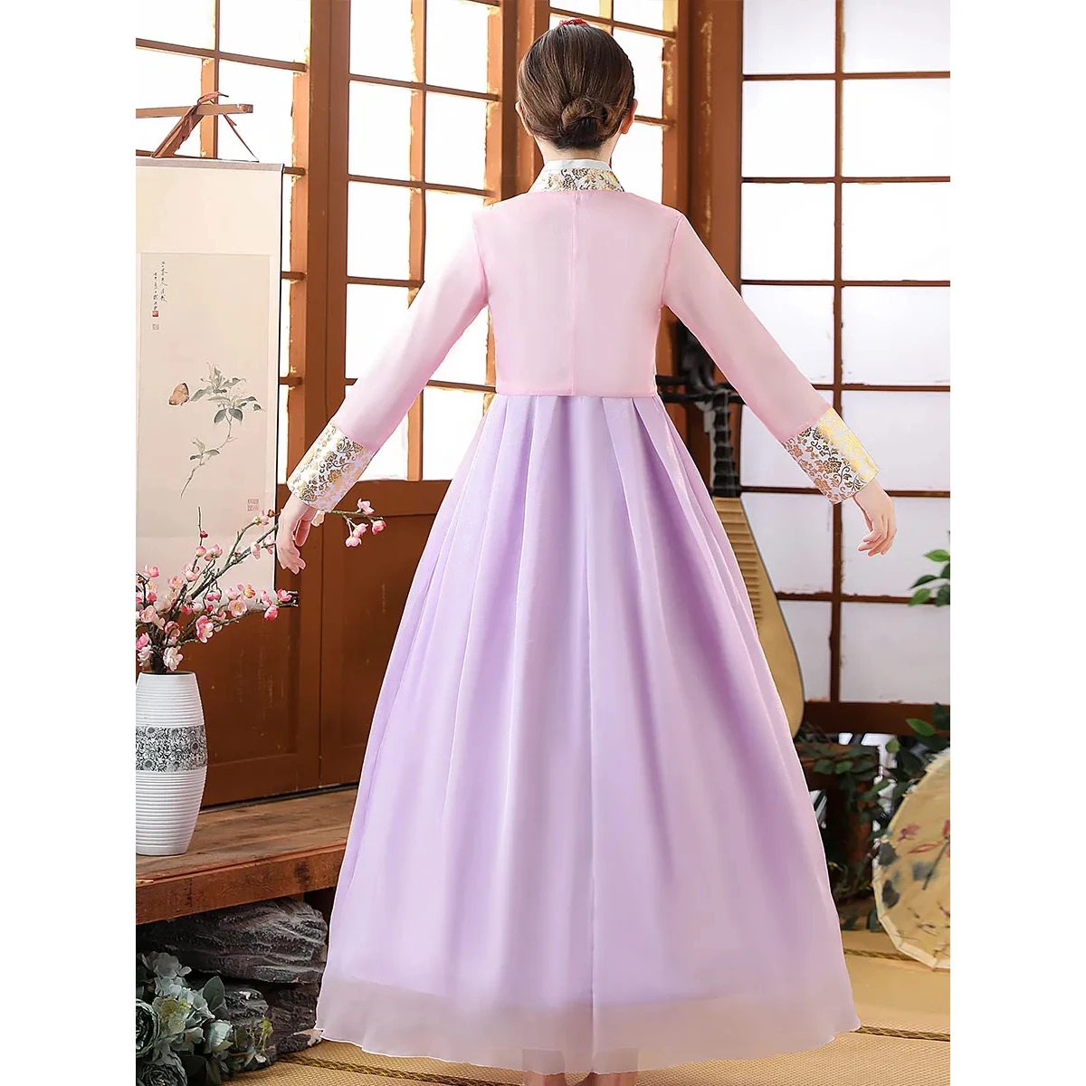 Hanbok Korean Traditional Dress Embroidery Print Pink Purple  Hanbok Dress Modern 2023 Korean Style Costume Retro Dance Clothing