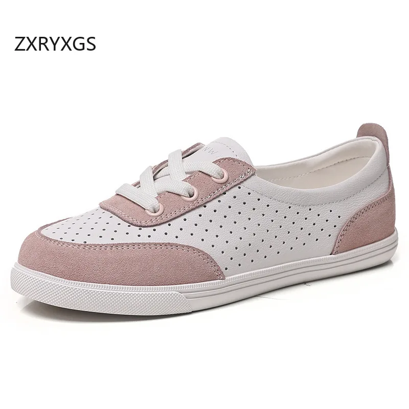 ZXRYXGS Top Cowhide Splicing Spell Colors Women Shoes Trendy Sandals Breathable Hollow Shoes Flat Plus Size Casual Sneakers 2026
