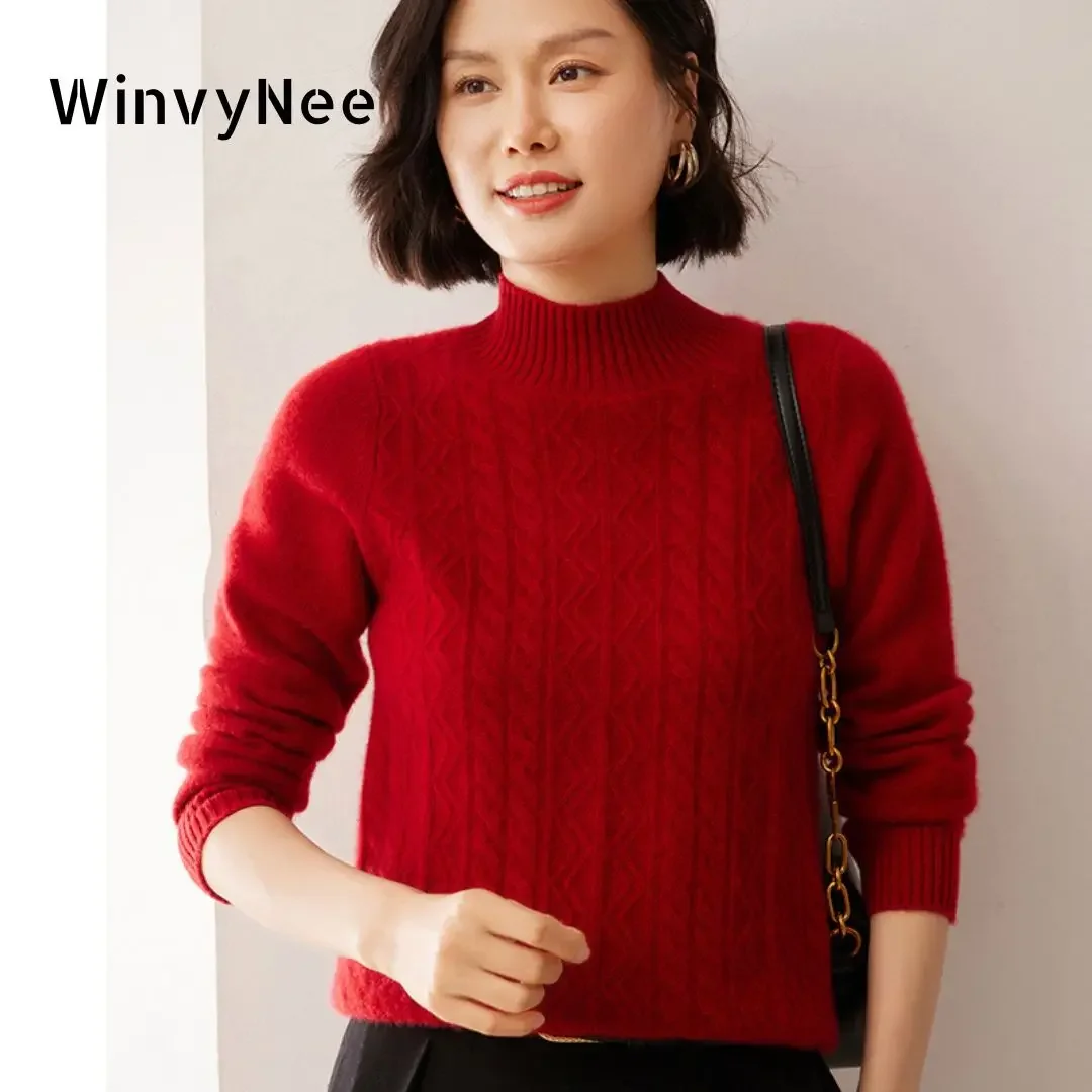 WinvyNee Women's Cashmere Wool Sweaters Crew Neck Solid Casual Loose Thick Outerwears Knit Pullovers Clothing Winter A1424007