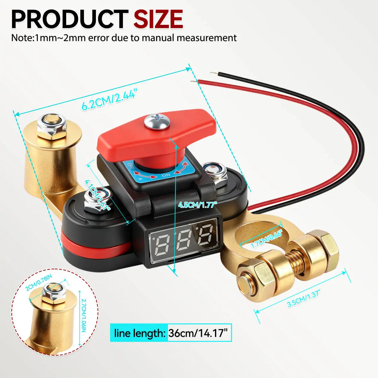 12V 24V Battery Disconnect Switch with Voltage Display Switch & Relays Instant Brass 360 Rotatable for Car Marine Power Protect