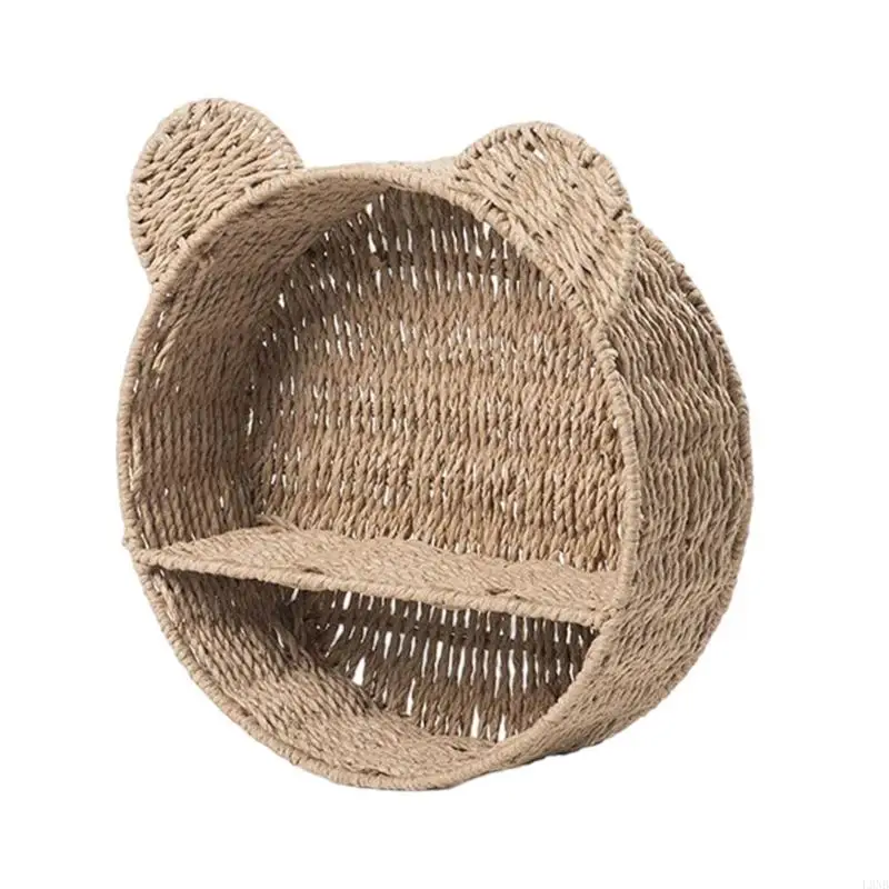 L9NB Bear Ear Woven Hanging Basket Wall Shelf Rattan Woven Storage Rack Small Plant Display Floating Shelf Home Decors