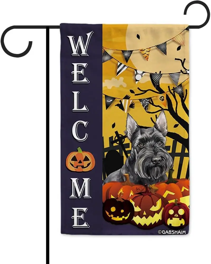 Happy Halloween Welcome Dog Garden Flag Watercolor Scottish Terrier Pumpkins Jack O Lantern Holiday Decorative Flag for Outside