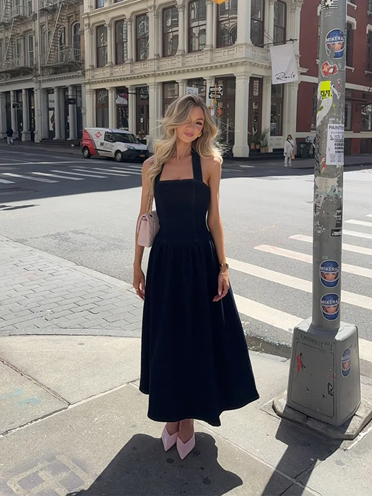 

Vintage Square Neckline Halter Sleeveless Denim Skin Fit Midi Dresses For Woman Summer New Street Style Soft Comfortable Dress