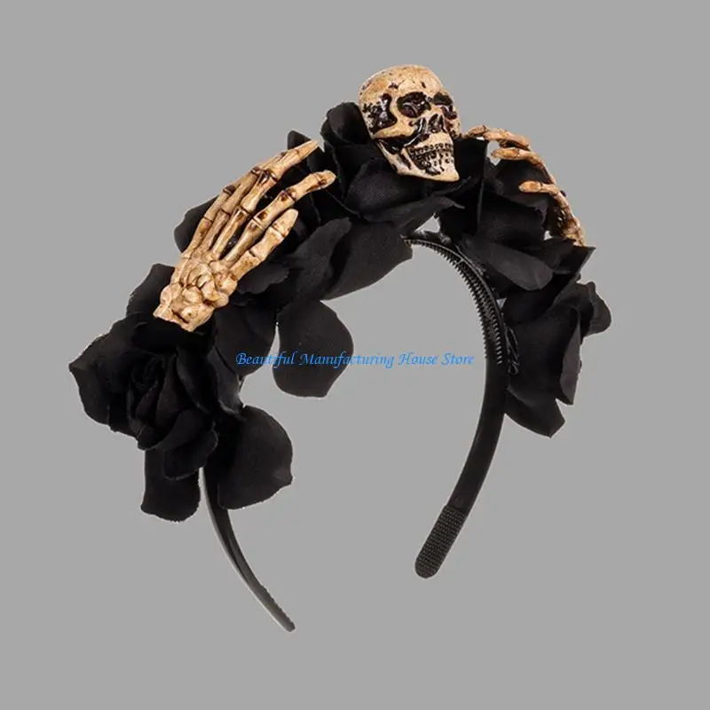 e56a-スカルヘッドバンドローズフラワークラウンヘアバンド死者の日ヘッドバンドハロウィンティアラと王冠ハローフラワーヘッドバンド