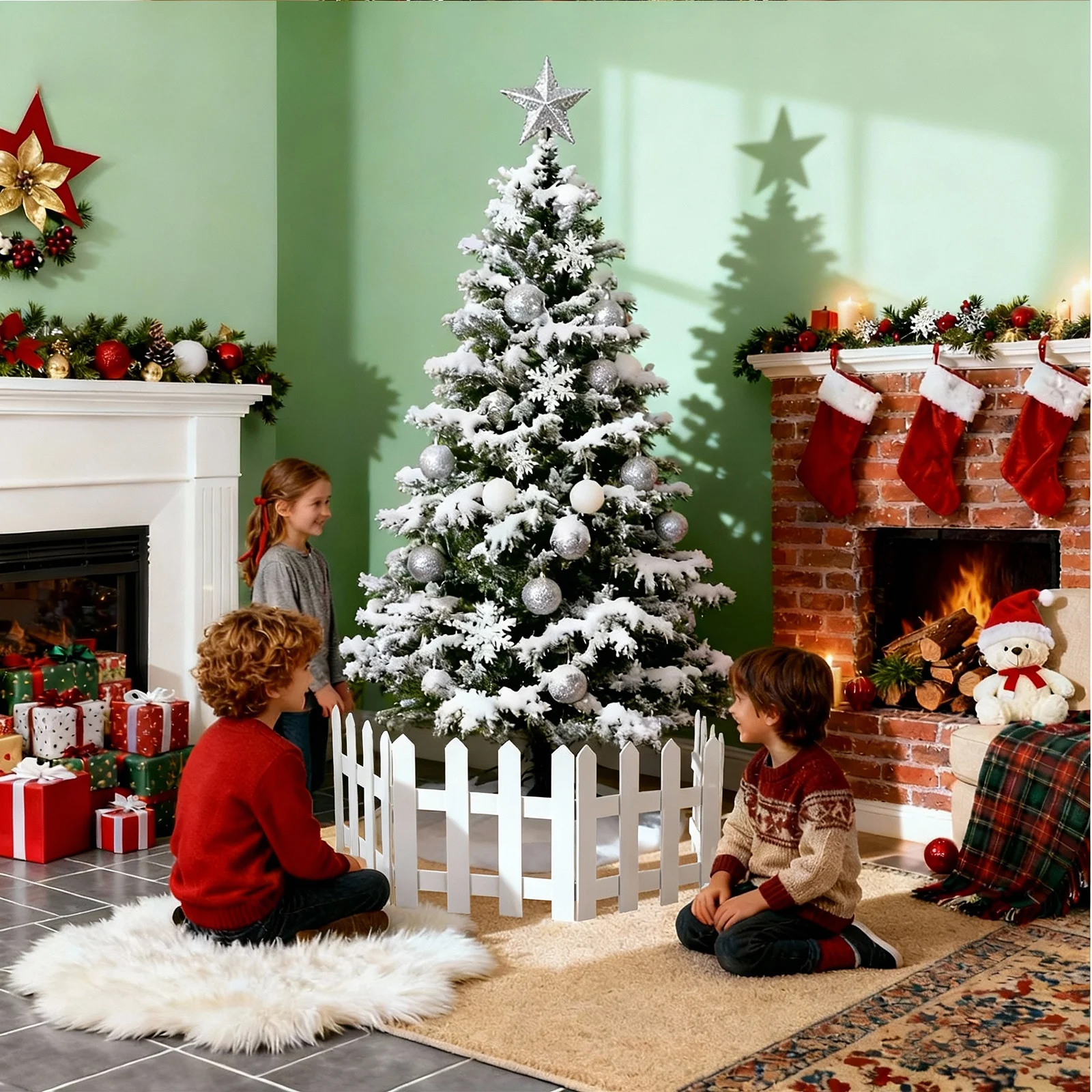 

VANZACK Christmas Tree Fence Picket Gate Mini Garden Ornamental Border Pet Proof Wooden Decor White