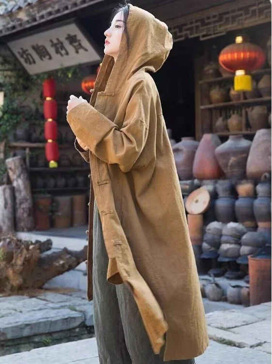 

Женская весенне-осенняя ветровка с капюшоном из конопли, винтажное повседневное длинное пальто на пуговицах, средней длины, на одной пуговице