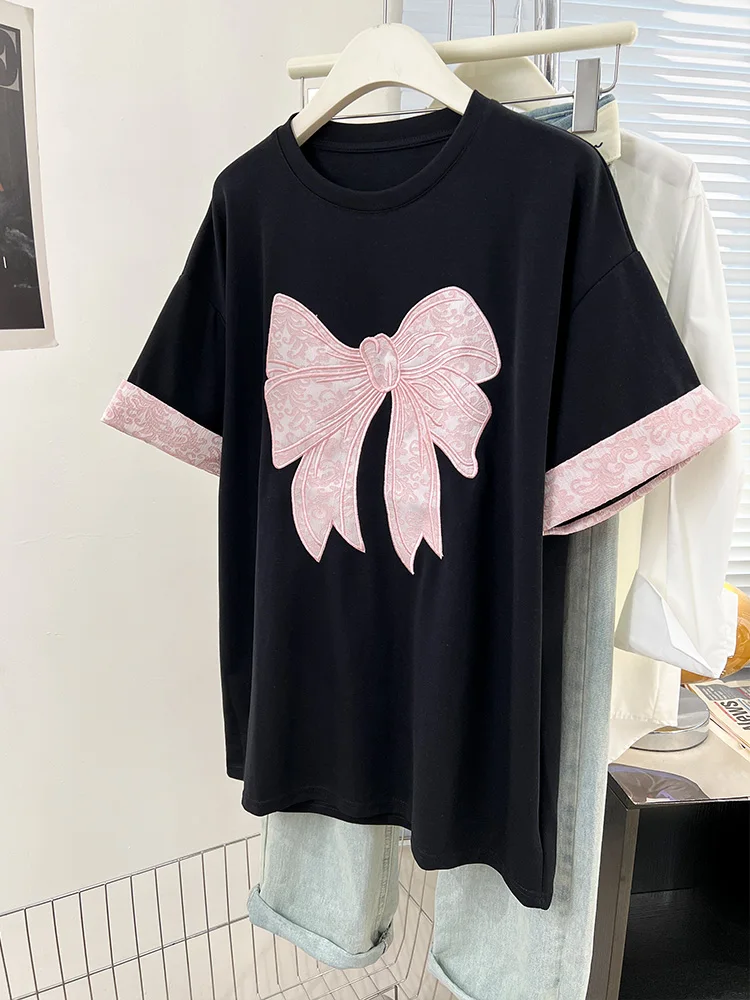 

Sweet Loose Round Neck Bow Jacquard Short Sleeve T-shirt Women's 2024 Summer New Oversized Casual Pullover Fashion Tops