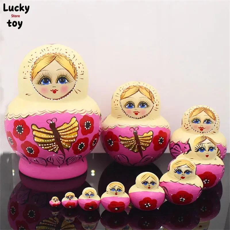 10 Layer Golden Butterfly Wooden Russian Nesting Doll Hand-Painted Dry Basswood Matryoshka Doll Toys