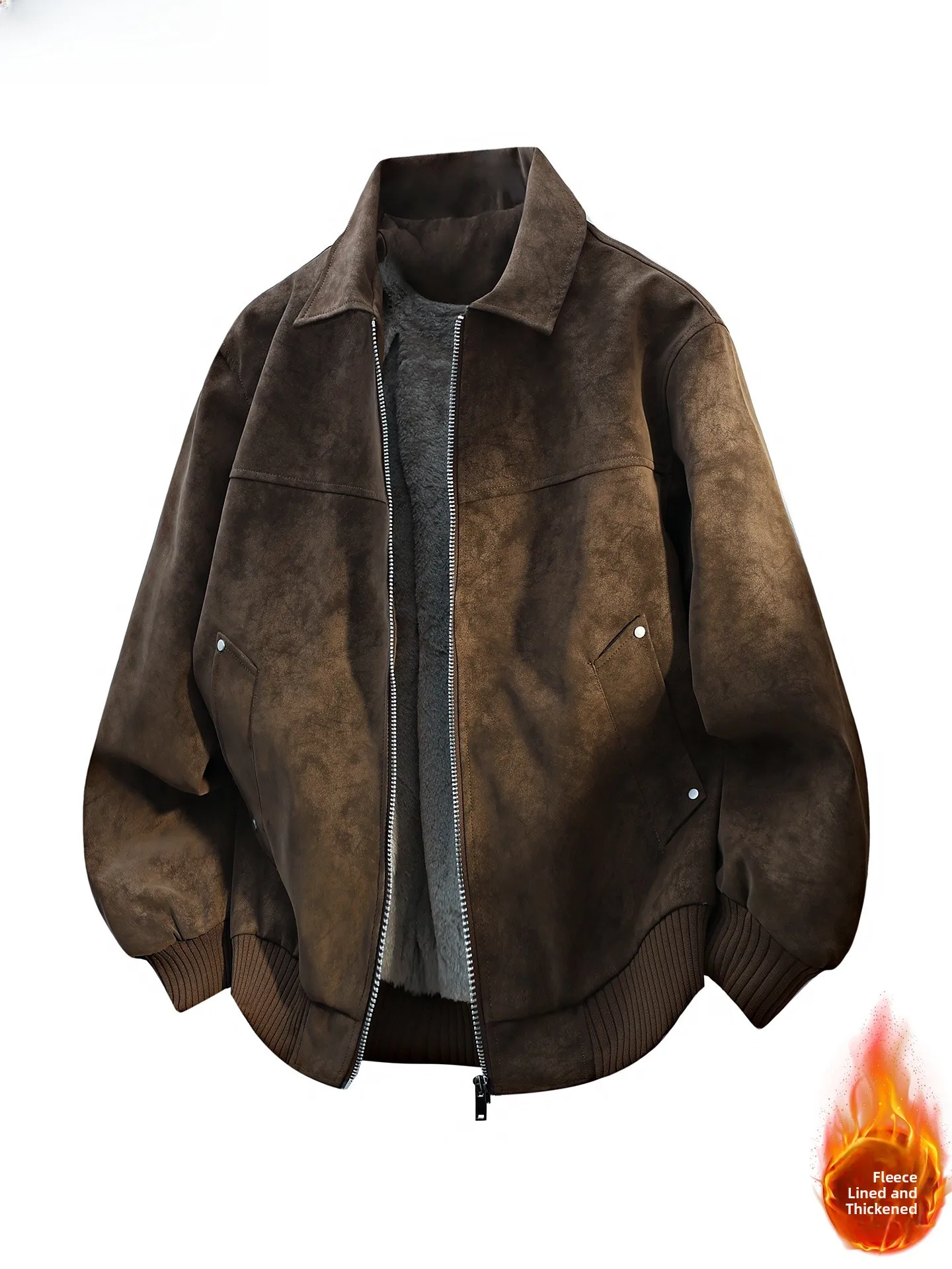 

Wassup Vals American Retro Lapel PU Leather Jaet Men's Winter Fce Lined Thiened Loose Outerwear Faionable Brand