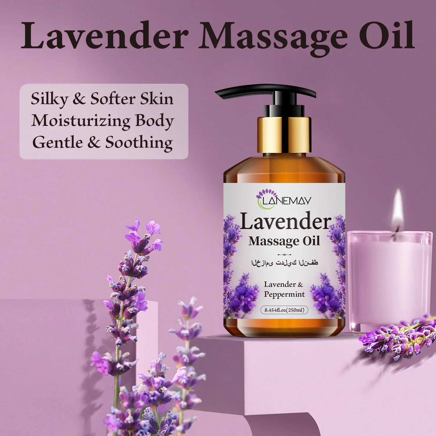 Lavender Massage Oil for Massage Therapy - Relaxing Body Oil with Peppermint, Sweet Almond & Jojoba, Moisturizing, 250ml