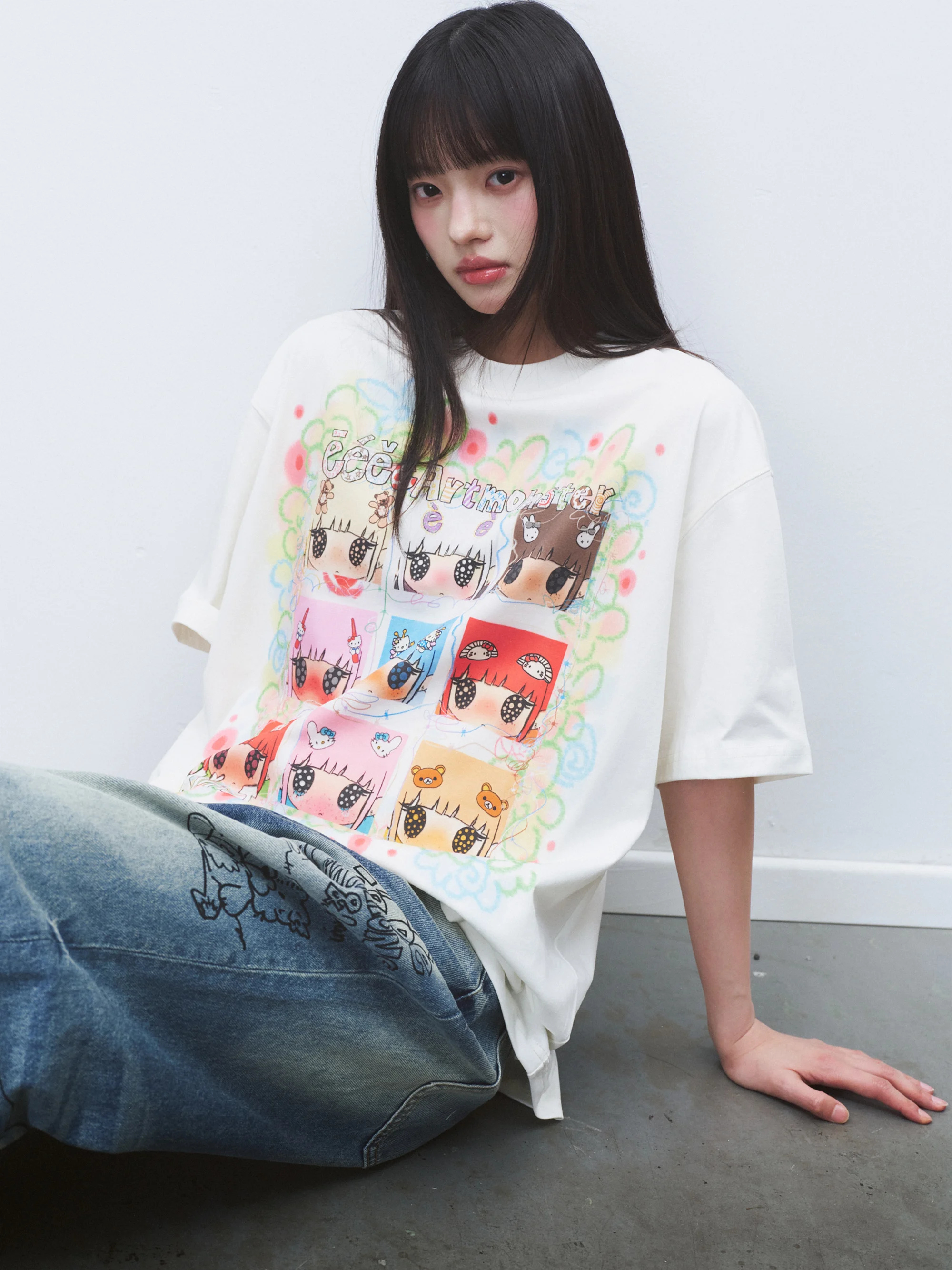 Hand-Drawn Dopaamine  Graffiti Head Portrait Short Sleeve T-Shirt Spring Season Breathable Skin-Friendly round Neck D...