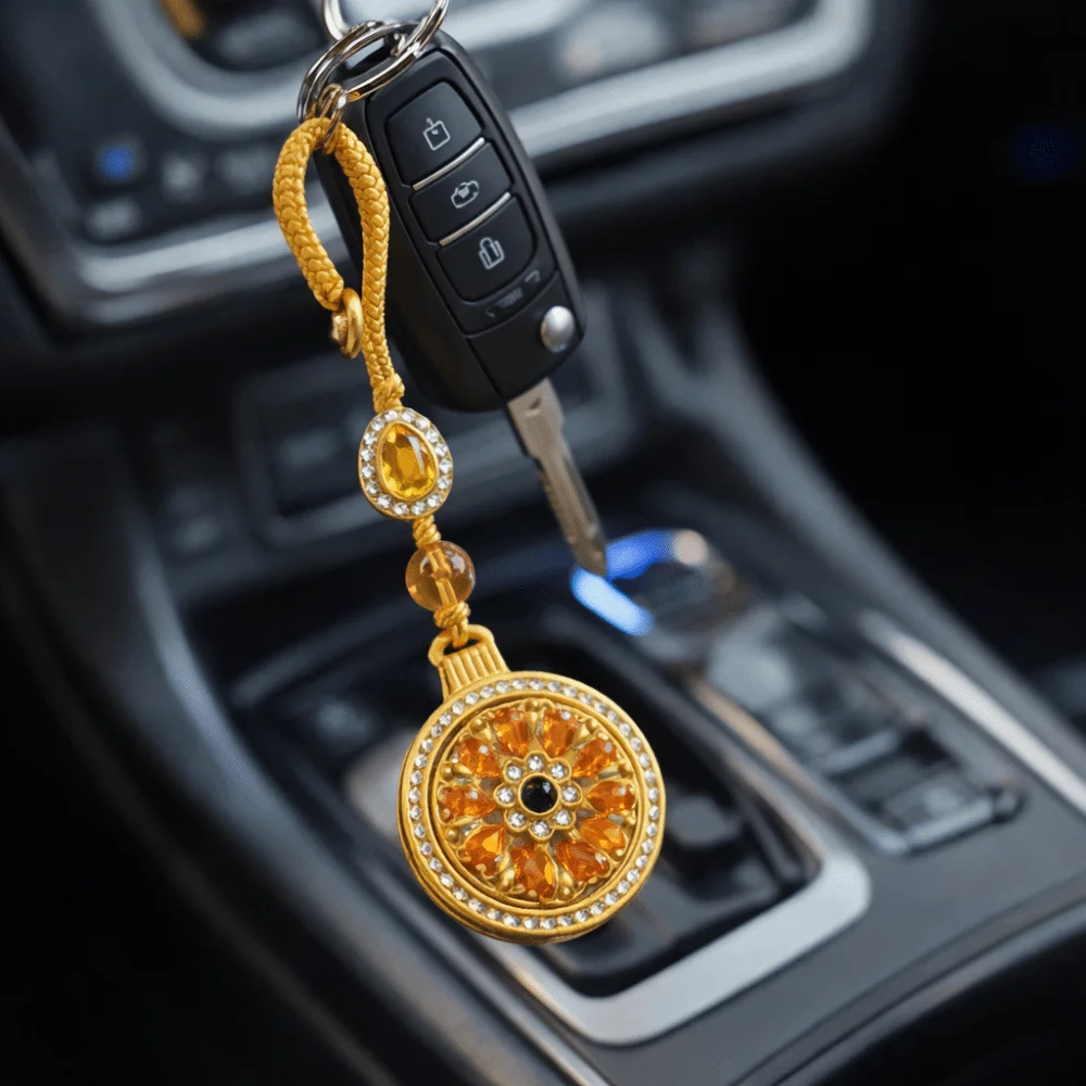 Fashion Sand Gold Sunflower Keychain Metal Lucky New Year Pendant Hanging Bag Pendant Zodiac Key Ring Car Keychain