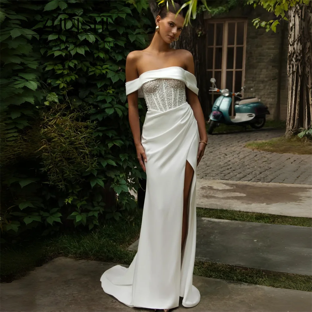 ZHUISHU Modern Lace Off The Shoulder Sequined Mermaid Wedding Dress 2026 Strapless Slit Pleat Open Back Bridal Gowns Customized