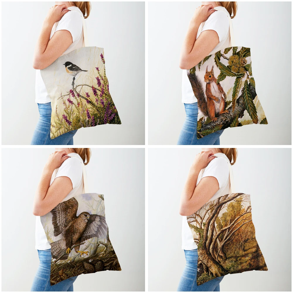 Women Shopping Bag Fox Bird Squirrel Print Both Sided Shopper Bag Reusable Canvas Cartoon Animal Casual Tote Shoulder Handbag