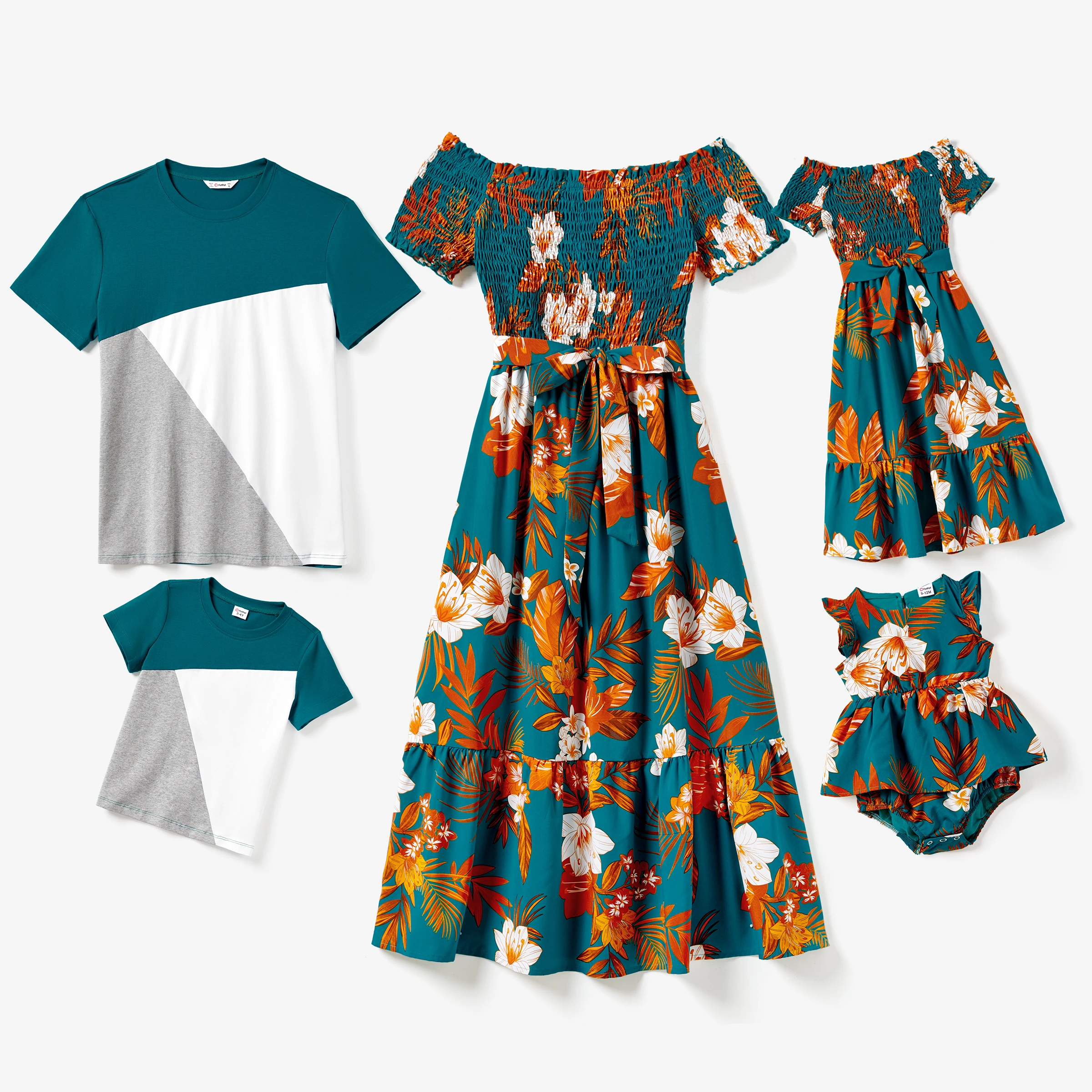 

PP PatPat Cotton Family Matching Color Block Tee and Floral Shirred Ruffle Hem Dress Sets 1pc Peacock Green