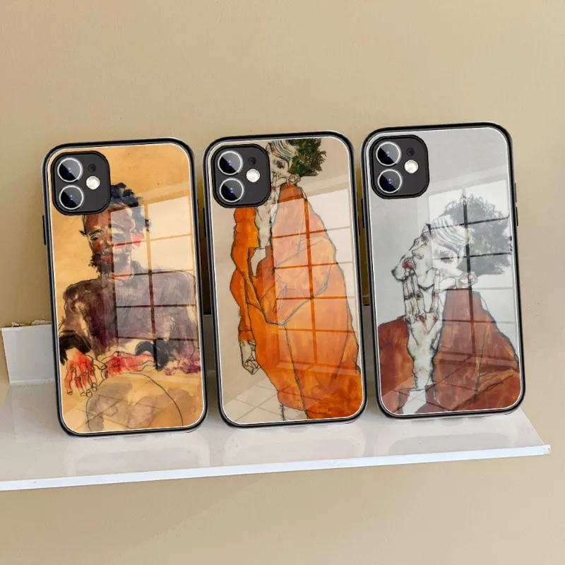 Egon Schiele Phone Case Glass for IPhone 13 11 12 14 Pro XR XS MAX 8 X 7 14 Plus SE 13 Pro Design Iphone Covers