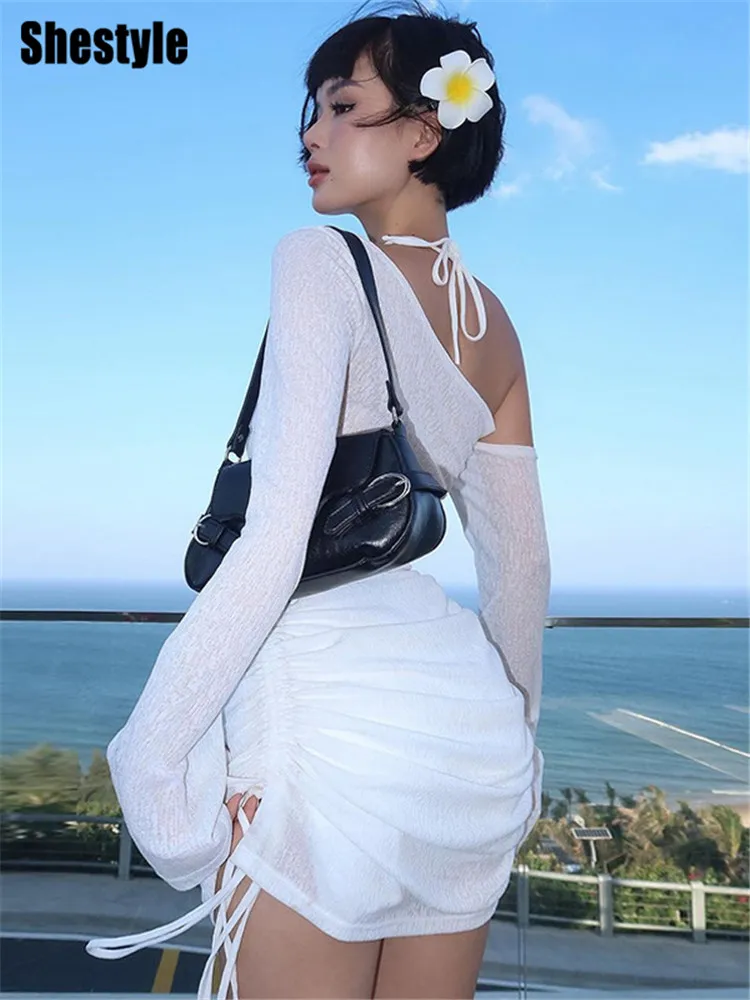 Shestyle 시스루 원 숄더 시스 드레스 여성 비치웨어 긴 소매 Drawstring Ruched Solid Sheer 섹시한 Clubwear Clothes
