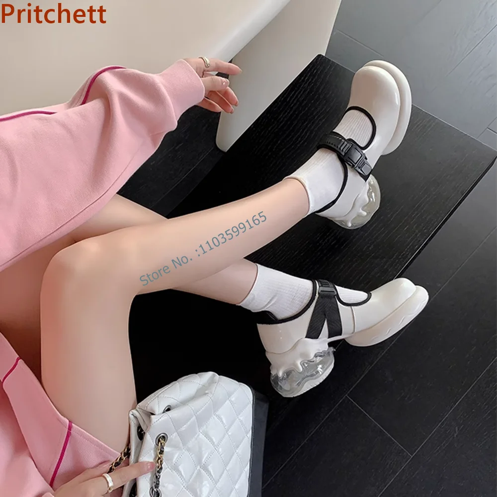 Bubble Heel Round Toe Sneaker Solid Black Buckle Strap Mary Jane Pumps Shallow High Increase Casual Women\'s Shoes Concise