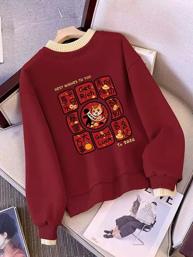 Sudadera de talla grande para mujer, Top informal y cómodo con estampado Ne redondo rojo, corte holgado, otoño e invierno