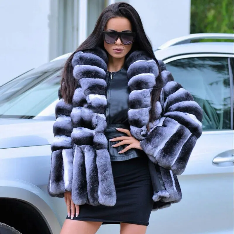 Winter Warm Genuine Rex Rabbit Fur Coat Woman Fashion Chinchilla Thick Jackets Genuine Natural Fur Thick Overcoat