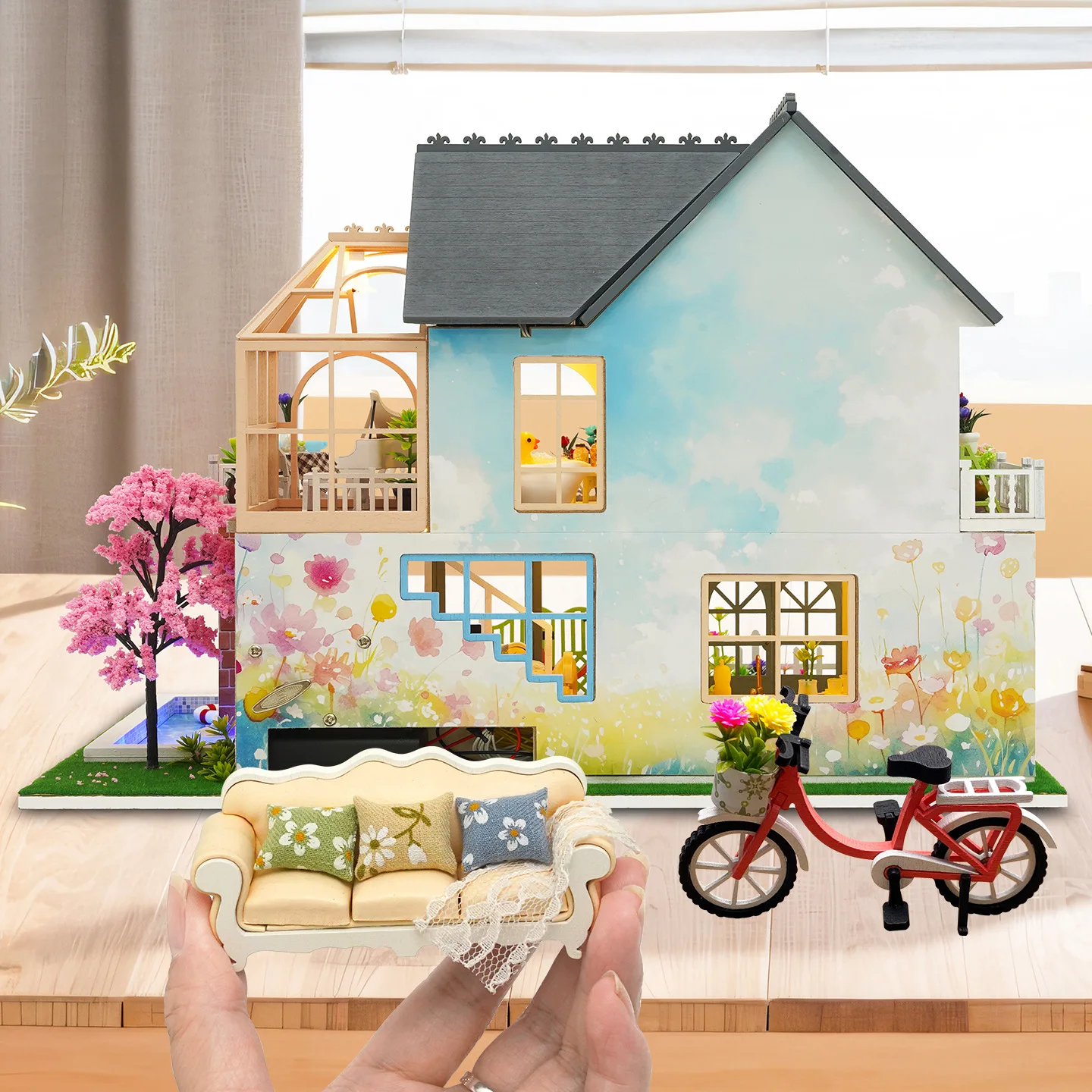 Bricolage Villa moderne grande Casa en bois Miniature modèle Kit 3D Puzzle maisons de poupée avec meubles maison de poupée pour amis cadeaux d'anniversaire