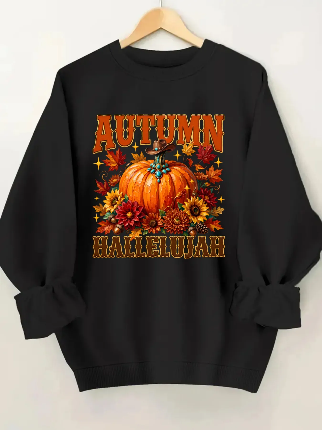 Women's Crew Neck Pullover Sweatshirt Autumn Pumpkin Hallelujah Design, Soft Casual Long Sleeve, Daily Casual Top Outfit, Winter Women's Clothing, Thanksgiving Outfit