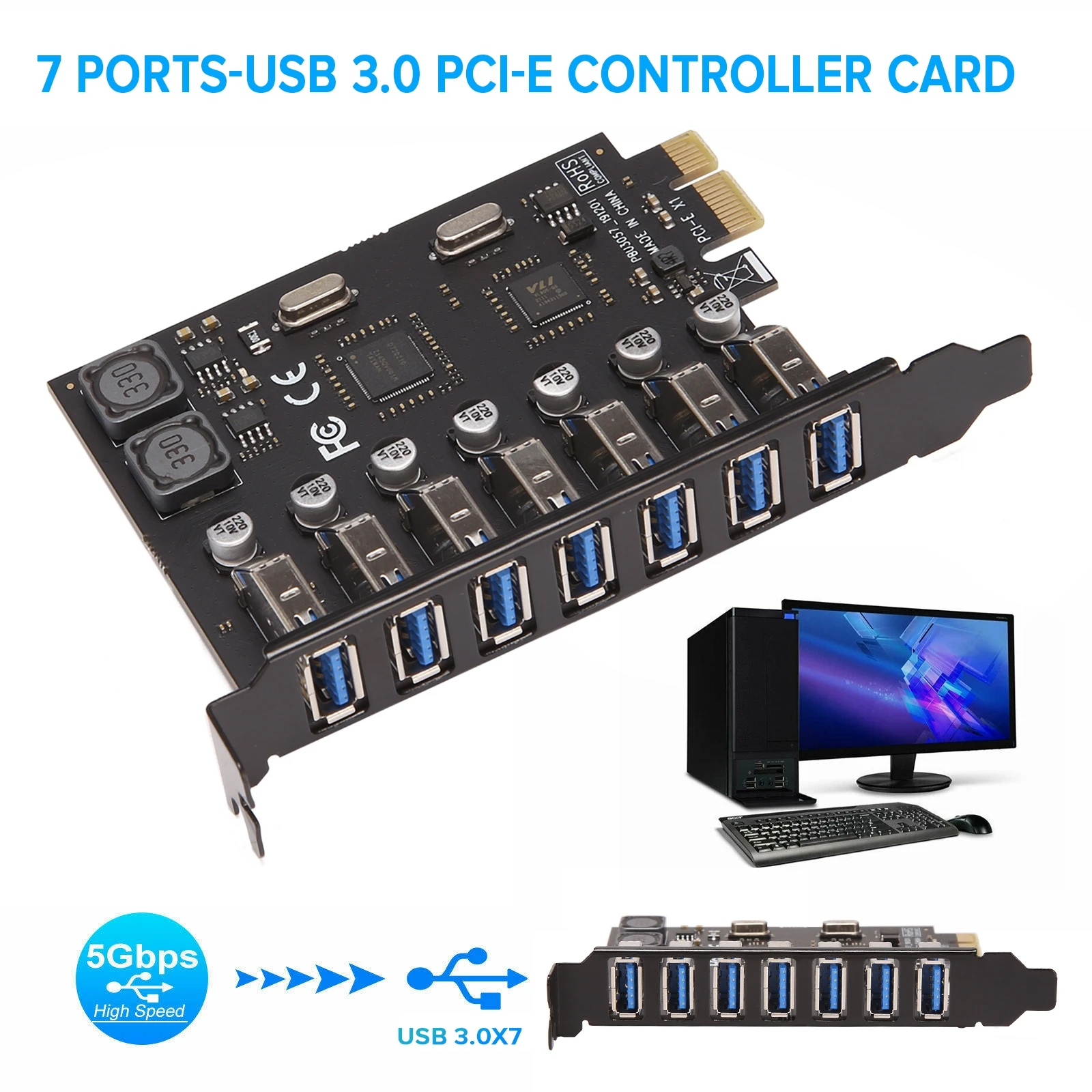 USB 3.0 PCI-E Expansion Card Adapter 7 Ports Hub Adapter External Controller PCI-E Extender PCI Express Card for Desktop