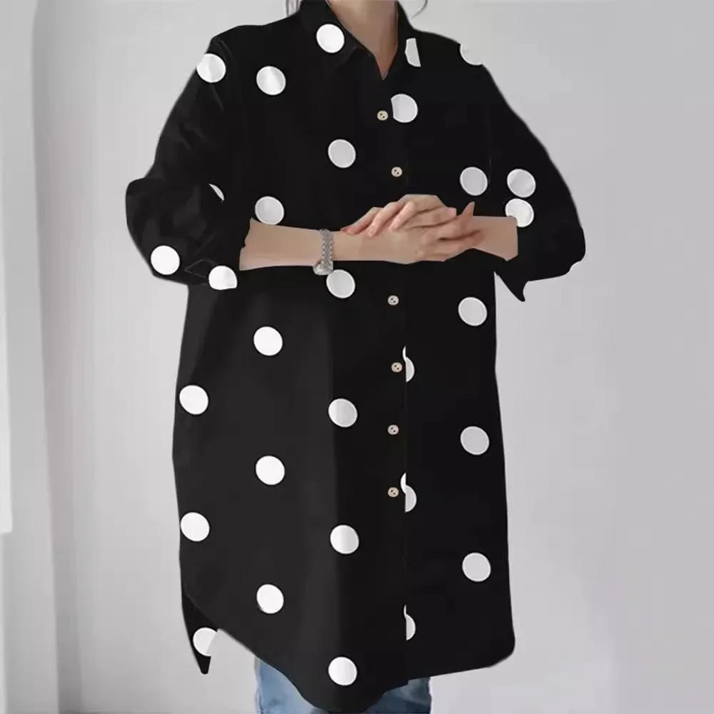 Cross-border foreign trade women's clothing 2023 polka dot button split-ended long-sleeved lapel casual shirt