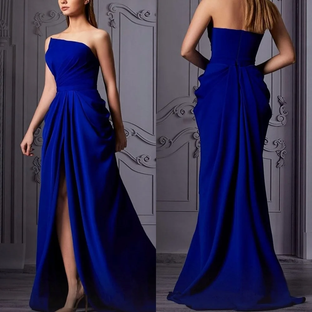 

Customized Jersey Pleat Strapless Mermaid Long Dresses Bespoke Occasion Simple Elegant Party Gown High Quality Wedding Guest