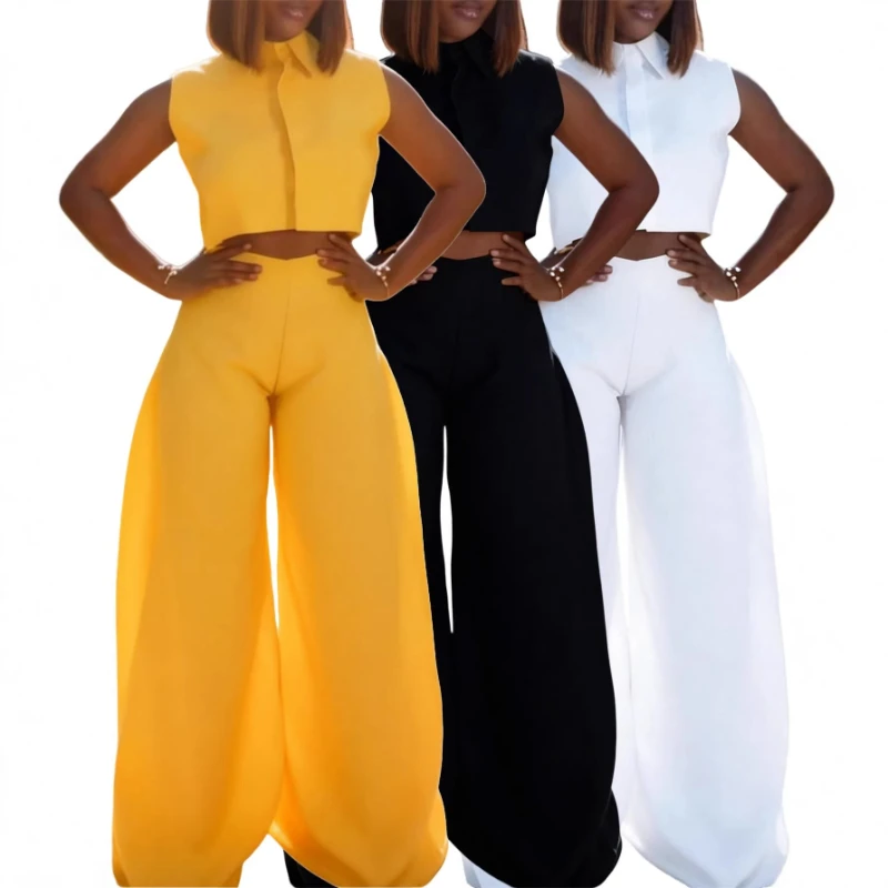 

Pant Set Women Two Piece Sets Turn Down Collar Sleeveless Short Tops Wide Leg Long Pants High Waist Y2k Streetwear Casual 2026