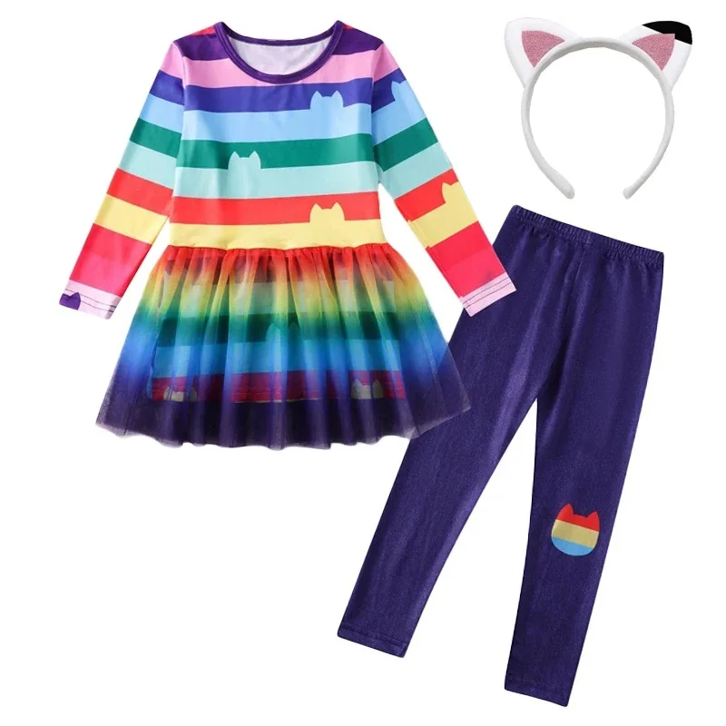 Spring Girls\' Clothing Gabby Doll House Cat Stripe Top Rainbow T-shirt Top Long Pants Set Children\'s Birthday Party Clothing Set