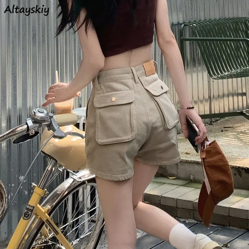 Khaki Shorts Cargo Summer Thin High Waist Big Pockets American Sweet Loose Sexy All-match Clothing Solid Daily Aesthetic Mujer