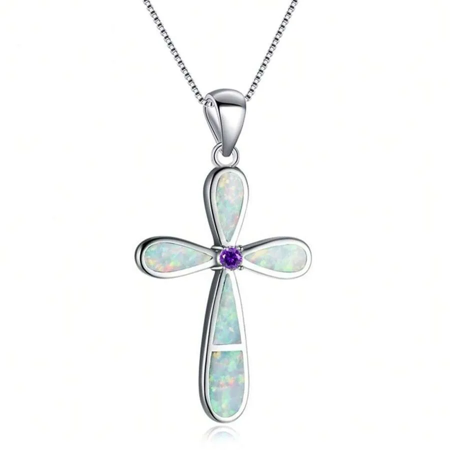 

Ins-Style White Opal Cross Pendant Opal Necklace Jewelry Inlaid With Opal