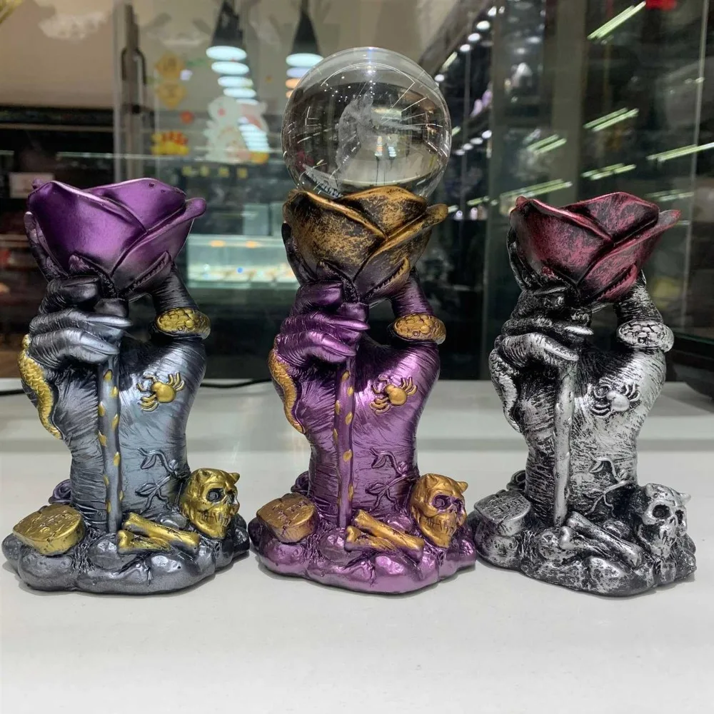 

Rose Hand Statue Display With Skull Spider Art Craft Resin Ornament Desktop Sculpture Crystal Ball Base Holder for 4-8cm Sphere