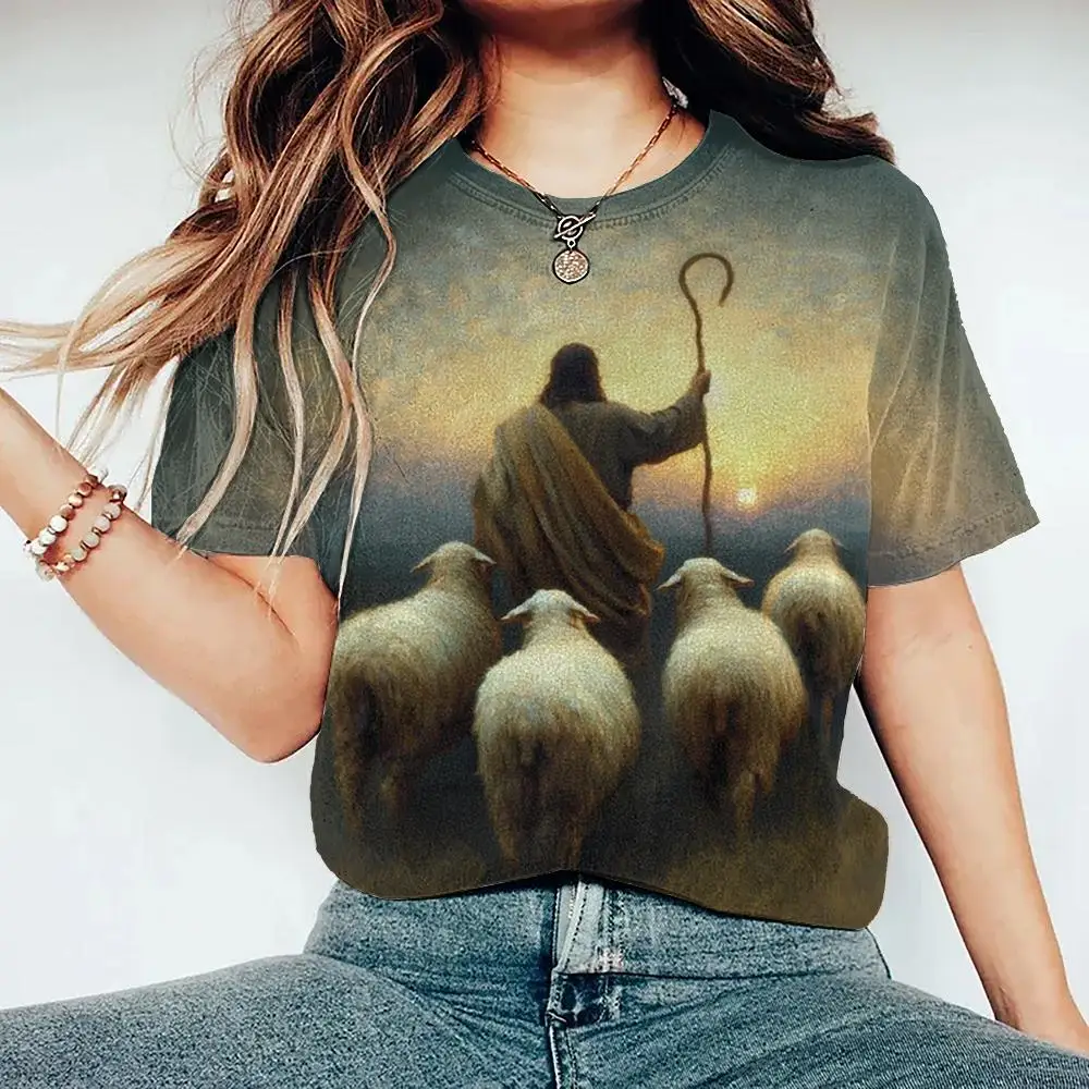 Women Fashion T-Shirts Jesus 3D Print Short Sleeve Christian T Shirt Casual Tops Summer Female Jesus O-Neck Loose Oversize Shirt image 6