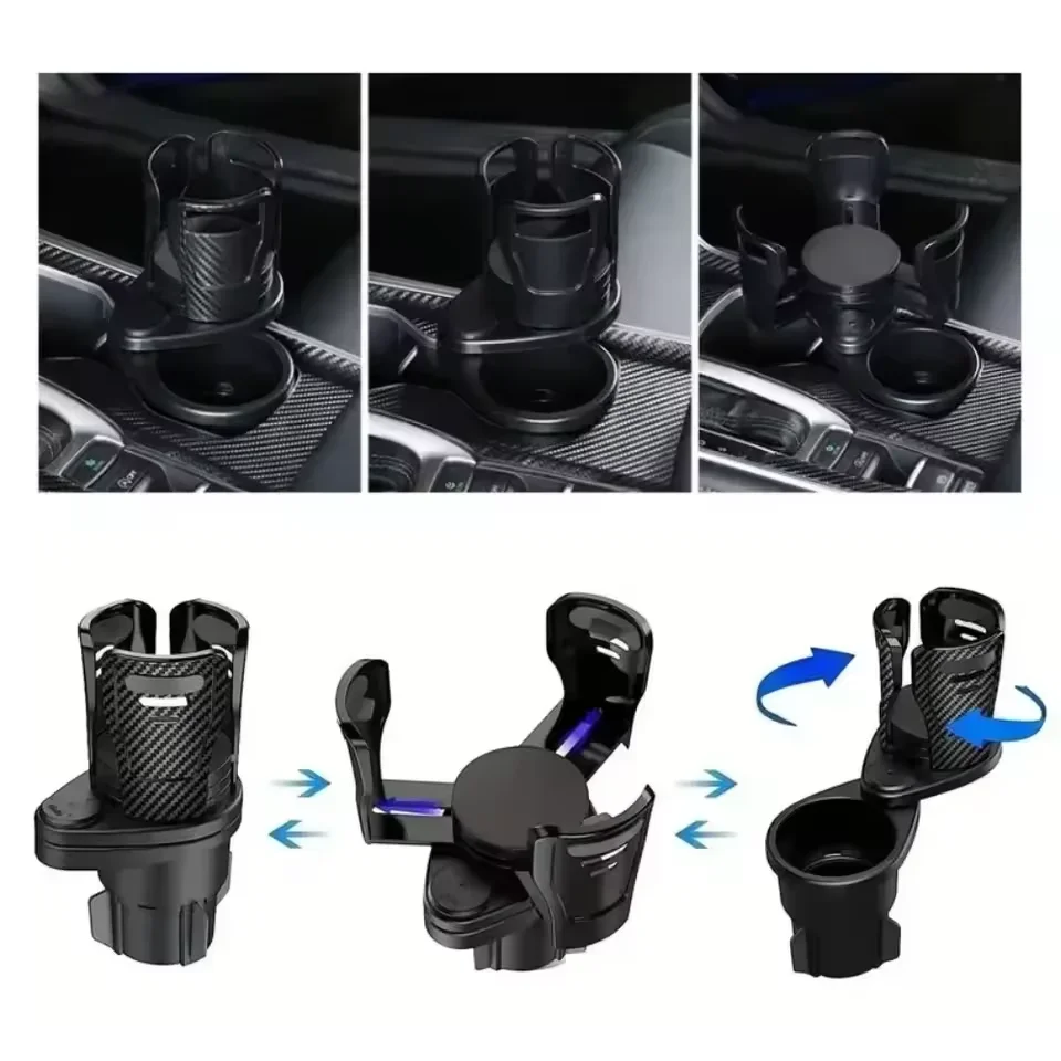 Adjustable Dual Car Cup Holder 360° Rotatable Multifunctional Car Center Console Beverage Rack Cup Holder Foldable 2-in-1 Drink