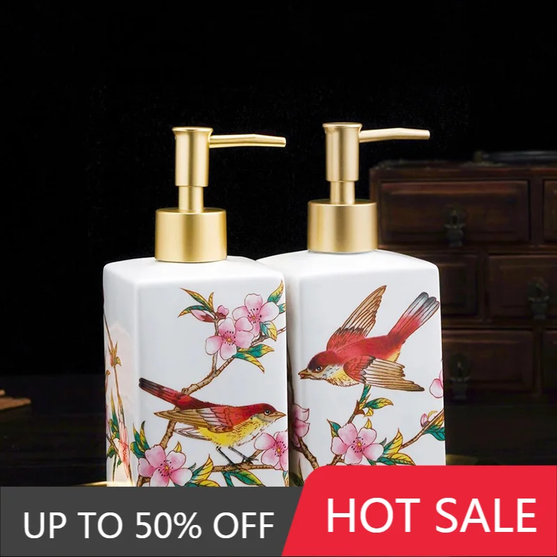 High Value Retro Ceramic Bath Lotion Bottle Press Type Lotus Bathroom Shampoo Dispenser Hotel Shampoo Bottle Bathroom Supplies
