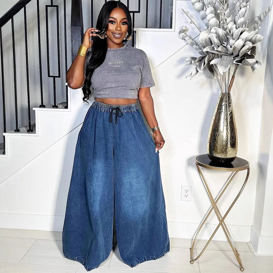 

Women Wide Leg Pant Denim Jeans Drawstring High Waist Vintage Casual Loose Floor Length Denim Trousers High Street Jeans