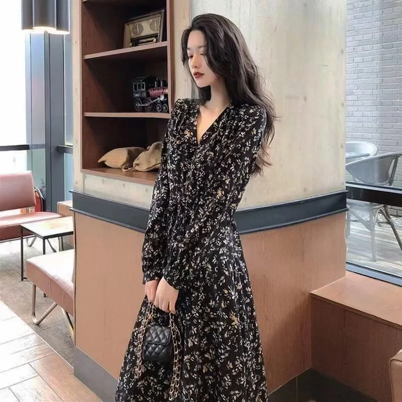 2024 Spring Autumn Fashion Womens Dresses Korean Mid Long Dress for Women New Vintage Clothing Bomjamba Long Sleeve Black Dress