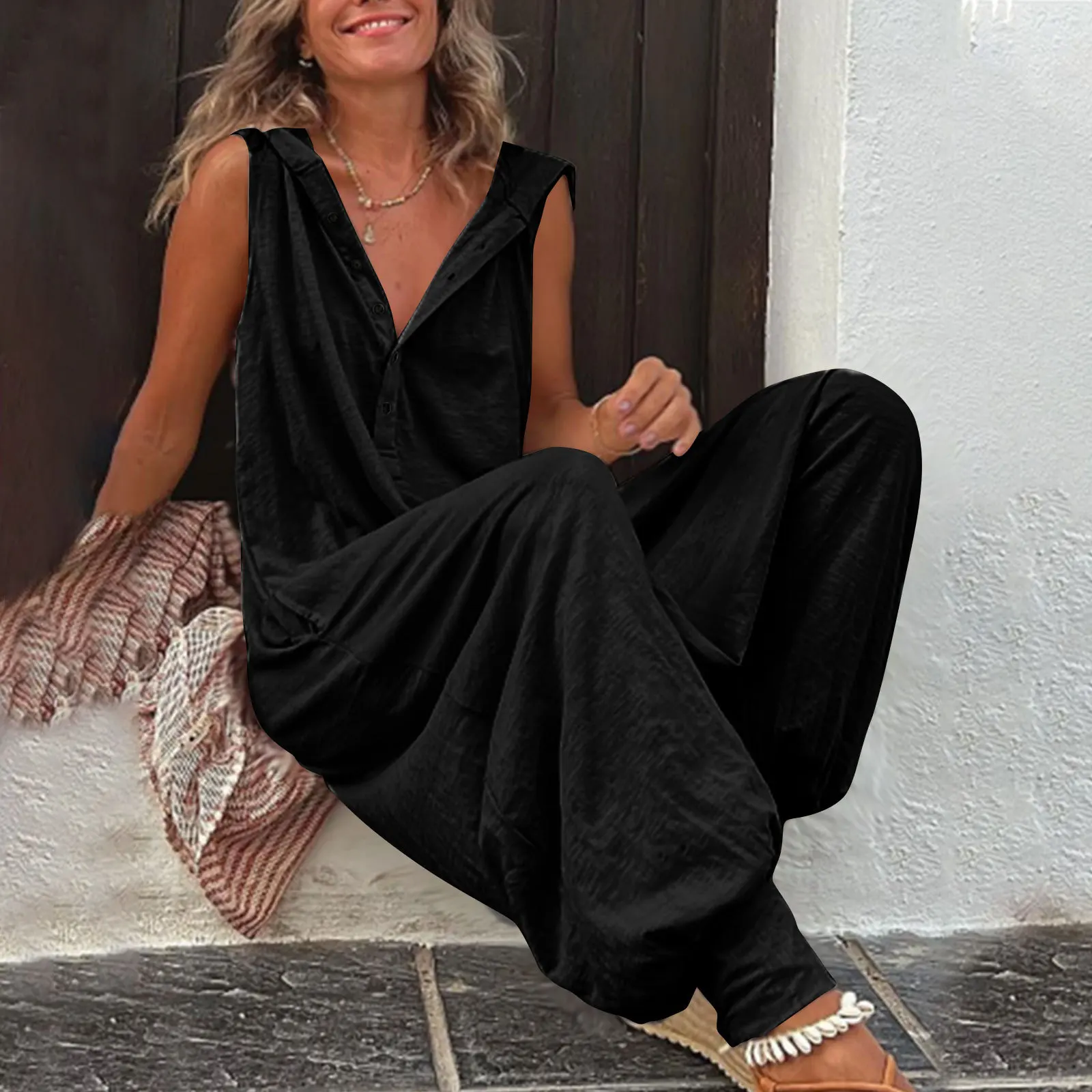 Damen Sommer Ärmelloser Lässiger Kapuzen-Jumpsuit V-Ausschnitt Lose Haremshose Einteiler für Urlaub und Alltag – Detail 10