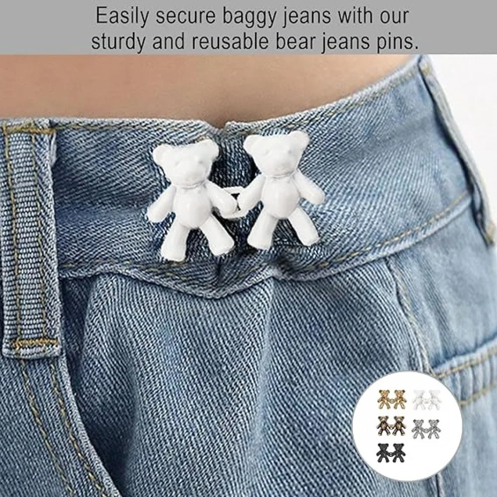Cute Bear Jean Waist Tightener Clips, Adjustable Waist Buckle Pins for Women, No Sew Pant Waist Cinch Brooches, 2 Pack (Black & White)