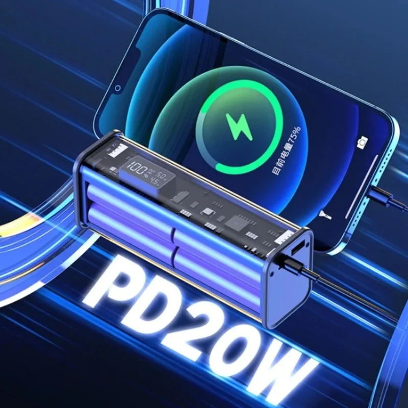 Portable Power Bank Kit 20000Mah Transparent Pd Fast Charge 100W Gray Digital Display Diy for Mobile Phone Electronic Devices