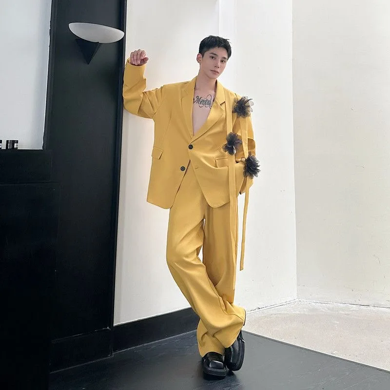 Male Senior Party Dinner Festival Suits Men Trendy Ins Chic Yellow Blazer Pants Sets Cityboy Banquets Date Holiday Pajamas Sets