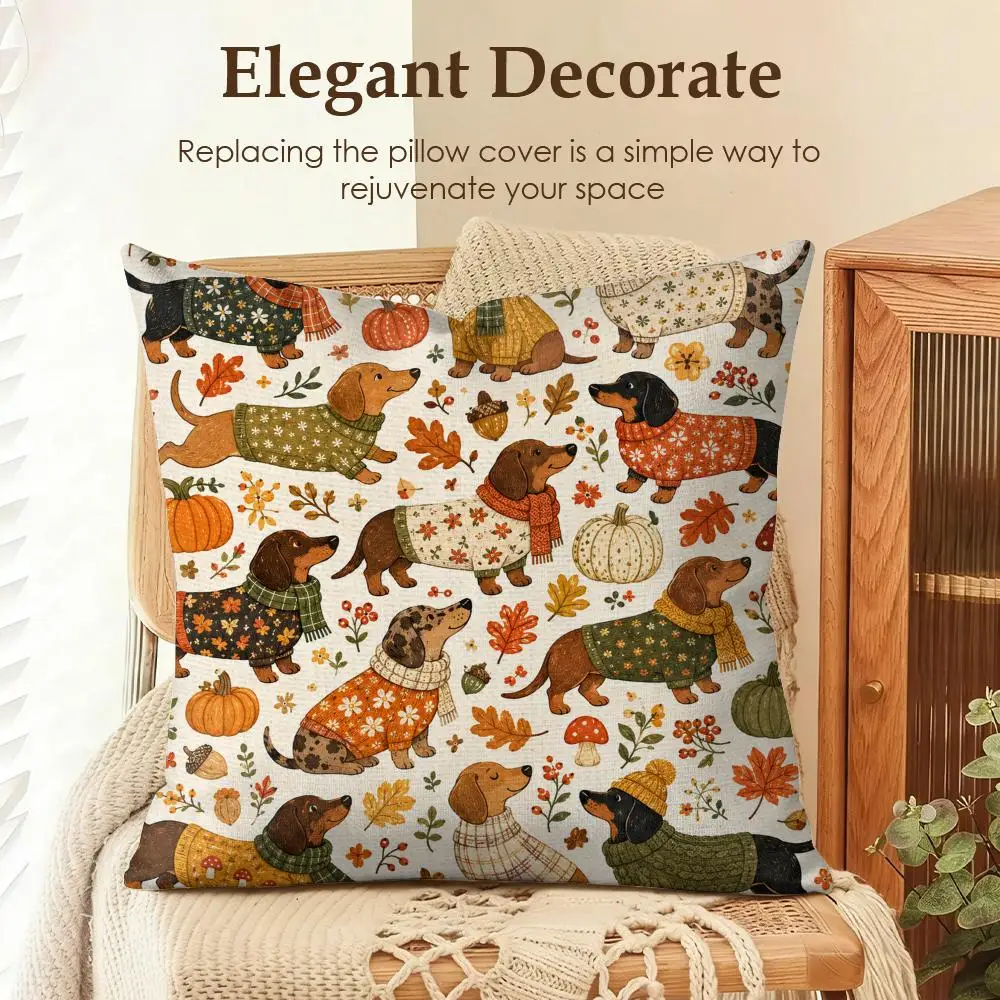 Multiple white linen throw pillows featuring vintage dachshund patterns arranged on a modern living room couch.